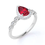 Antique 1.35 ct Pear Lab-Created Ruby Halo Engagement Ring