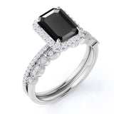 Artdeco scalloped 1.75 Carat Emerald cut Lab Black Diamond Wedding Ring Set for Women in White Gold