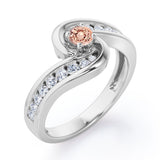 Spinning 0.7 carat Round Morganite and Moissanite Channel Engagement Ring in Rose Gold