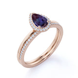 Minimalist Halo 1.25 Carat Pear Cut Artificial Alexandrite and Diamond Half Eternity Band Wedding Ring Sets