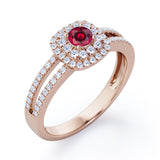 Double Halo 1.55 Carat Round Cut Lab-Created Ruby And Diamond Split Shank Engagement Ring In Rose Gold