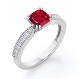 Beaded Eight Prongs 1.25 Carat Cushion Cut Lab-Created Ruby And Diamond Antique Milgrain Engagement Ring In Rose Gold