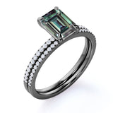 Solitaire 4 Claw 1.50 Carat Emerald Cut Lab Made Alexandrite and Diamond Pave Wedding Ring Sets
