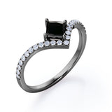 Tiara Design 1.25 Carat Princess Cut Black Diamond Four Prong Pave Engagement Ring In White Gold