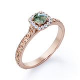Antique Square Halo 0.6 carat Round Moss Agate and Moissanite Engagement Ring in White Gold