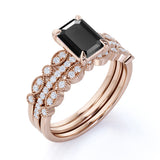 Unique antique 1.75 Carat Lab Black Diamond Trio Wedding Ring Set for Women in Rose Gold