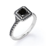 Double Halo Design - 1.45 TCW Princess Cut Lab Created Black Diamond - Engagement Ring with Pave Accents in White Gold