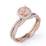 2 Carat Round cut Morganite and Diamond antique art deco Wedding Ring set in 10k Rose Gold