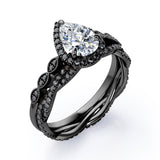 Eternity Crossover 1.75 TCW Pear Shaped Moissanite with Lab Created Black Diamond Halo-Vintage Style Wedding Ring Set in White Gold