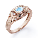 Seven Stone 1.05 Carat Round Cut Moonstone And Diamond Vintage Filigree Engagement Ring In White Gold