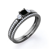 1.65 Carat Princess Cut Lab Grown Black Diamond Three Stone Vintage Wedding Ring In White Gold
