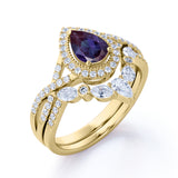 Unique Halo Crown 2 Carat Pear Shaped Lab Created Alexandrite and Diamond Pave Art Deco Wedding Ring Sets - Bridal Set Rings in Rose Gold for Her