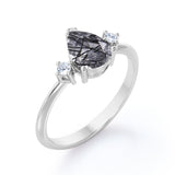 1.10 ct Pear Black Rutilated Quartz Three Stone Engagement Ring