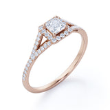 Women's Ring 1 carat Square Moissanite and Diamond Split Shank Engagement Ring in White Gold