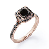 Double Halo Design - 1.45 TCW Princess Cut Lab Created Black Diamond - Engagement Ring with Pave Accents in White Gold