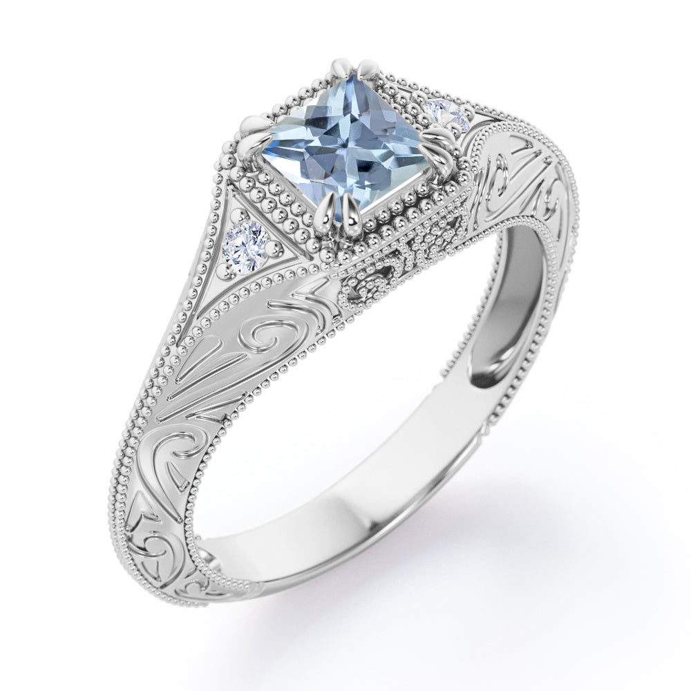 Vintage Milgrain 1.10 Carat Princess Cut Aquamarine And Diamond Sharp Eight Claws Art Deco Engagement Ring In Rose Gold