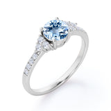Classic 1.50 Carat Round Cut Aqua Sky Blue Aquamarine and Diamond 7 Stone Cluster Engagement Ring in Rose Gold for Women