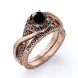 Filigree Tension-Halo 1.5 TCW Round Shape Lab Created Black Diamond Twisted Half Pave Wedding Set in White Gold