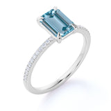 Four Prong 1.25 Carat Emerald Cut Aquamarine and Moissanite Engagement Ring in 18k White Gold over Silver