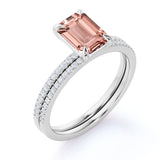 Sale: 1.50 Carat Peach Pink Morganite (emerald cut Morganite) and Diamond Engagement Ring Wedding Bridal Set