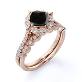 1.75 Carat Cushion cut Lab Black Diamond Bridal Set with semi eternity wedding band in Rose Gold
