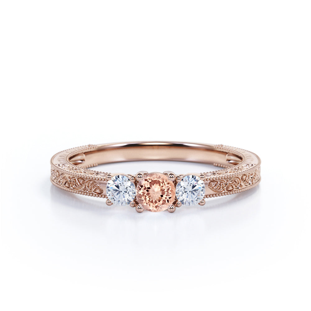 Trio Stones Ring - 1 carat Round Morganite and Moissanite Nature Engraving Engagement Ring in White Gold