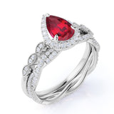 Affordable 2 Carat Pear cut Lab Ruby and Diamond Antique Wedding Ring Set in White Gold