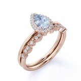 Halo 1.50 ct Pear Cut Aquamarine Vintage Bridal Set