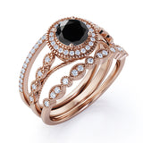 Bestselling 2 Carat Lab Black Diamond Halo Trio Wedding Bridal Ring Set in Rose Gold
