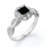 Twisted Beaded 1.15 Carat Princess Cut Black Diamond Infinity Style Engagement Ring In White Gold