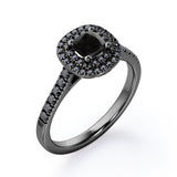 Double Halo Style - 1.45 TCW Princess Cut Lab Created Black Diamond - Scalloped Pave Engagement Ring in White Gold