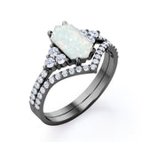 Chevron Pave Set 1.55 Carat Hexagon Cut White Fiery Opal And Diamond V Shaped Wedding Ring Set In Black Gold