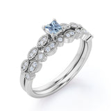 Unique 1.15 Carat Princess Cut Aquamarine And Diamond  Art Deco Wedding Ring Set In White Gold