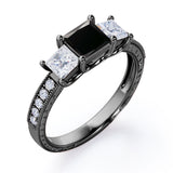 Past, Present and Future 1.25 Carat Princess Cut lab created Black Diamond Vintage Milgrain Engagement Ring In White Gold