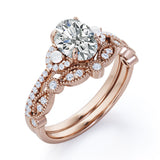 Unique 1.25 carat Oval Moissanite, Pearl and Diamond Vintage Wedding Ring Set in White Gold