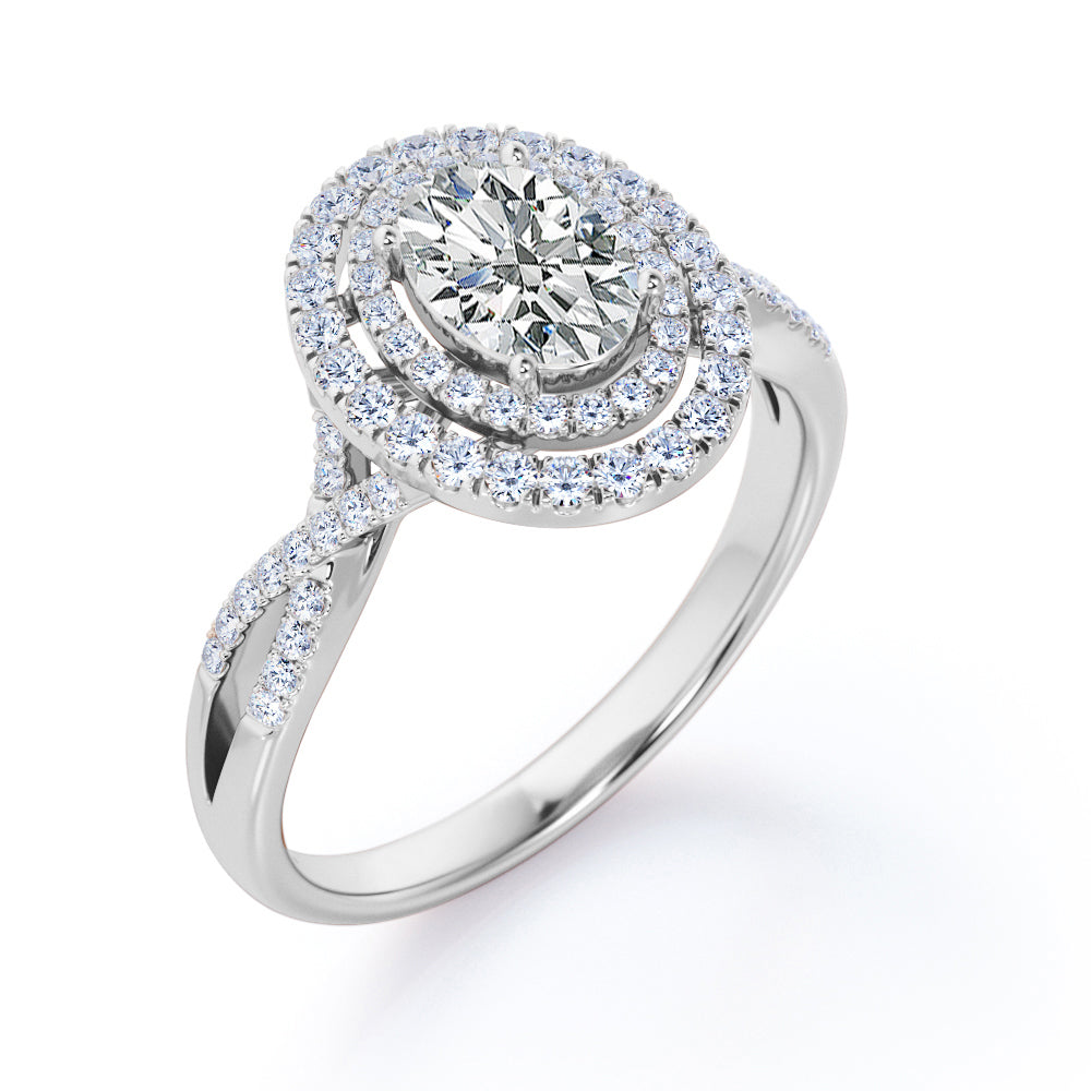 Infinity 1.75 Carat Oval Cut Moissanite and Diamond Double Halo Engagement Ring in Rose Gold