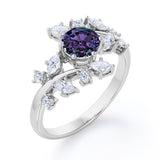 Modern Art Deco 0.85 Carat Round Cut Lab Created Alexandrite Nature Inspired Floral Engagement Ring