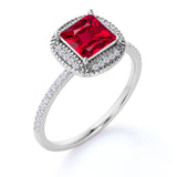 Delicate 1.50 Carat Princess Cut Lab Ruby and Diamond Halo Engagement Ring in White Gold