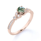 Vintage Prong Leaf Design 1.75 Carat Round Cut Milky White Dendritic Moss Green Agate and Diamond Art Deco Engagement Ring