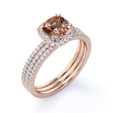 Bestselling 2 Carat cushion cut Morganite and Diamond Halo Trio Wedding Ring Set with Art Deco bands in Rose Gold