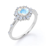 Snowflake Inspired 0.6 carat Round Moonstone and Moissanite Engagement Ring in Black Gold