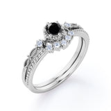 Dainty 0.75 Carat Round cut Lab Black Diamond Solitaire Bridal Ring Set in White Gold
