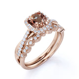 1.5 Carat Cushion Cut Peach Morganite and Diamond Wedding Ring Set in 10k Rose Gold Celebrity Ring