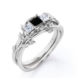 1.25 carat princess cut  Black Diamond three stone vine leaf wedding ring set in white gold