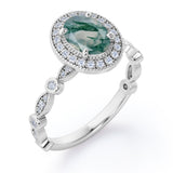 Vintage Halo 1.35 Carat Oval Cut Green Moss Agate And Diamond Art Deco Engagement Ring In Rose Gold
