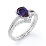 Chevron Pave Set 1.40 Carat Pear Cut Lab Created Alexandrite And Diamond V Style Bridal Set In White Gold