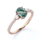 Three Stone 0.8 carat Oval Moss Agate with Pearl and Moissanite Engagement Ring in White Gold