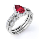 Classic Pave 2.50 Carat Pear Shape Lab Ruby and Diamond Halo Trio Bridal Set with Art Deco Bands in White Gold