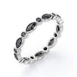 Art Deco - 0.25 TCW Round and Marquise Cut Lab Created Black Diamond - Bezel Wedding Band - 10K White Gold