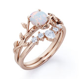 Nature Inspired 1.20 Carat Round Cut White Fire Opal And Diamond Leaf Vine Art Wedding Ring Set In White Gold For Her